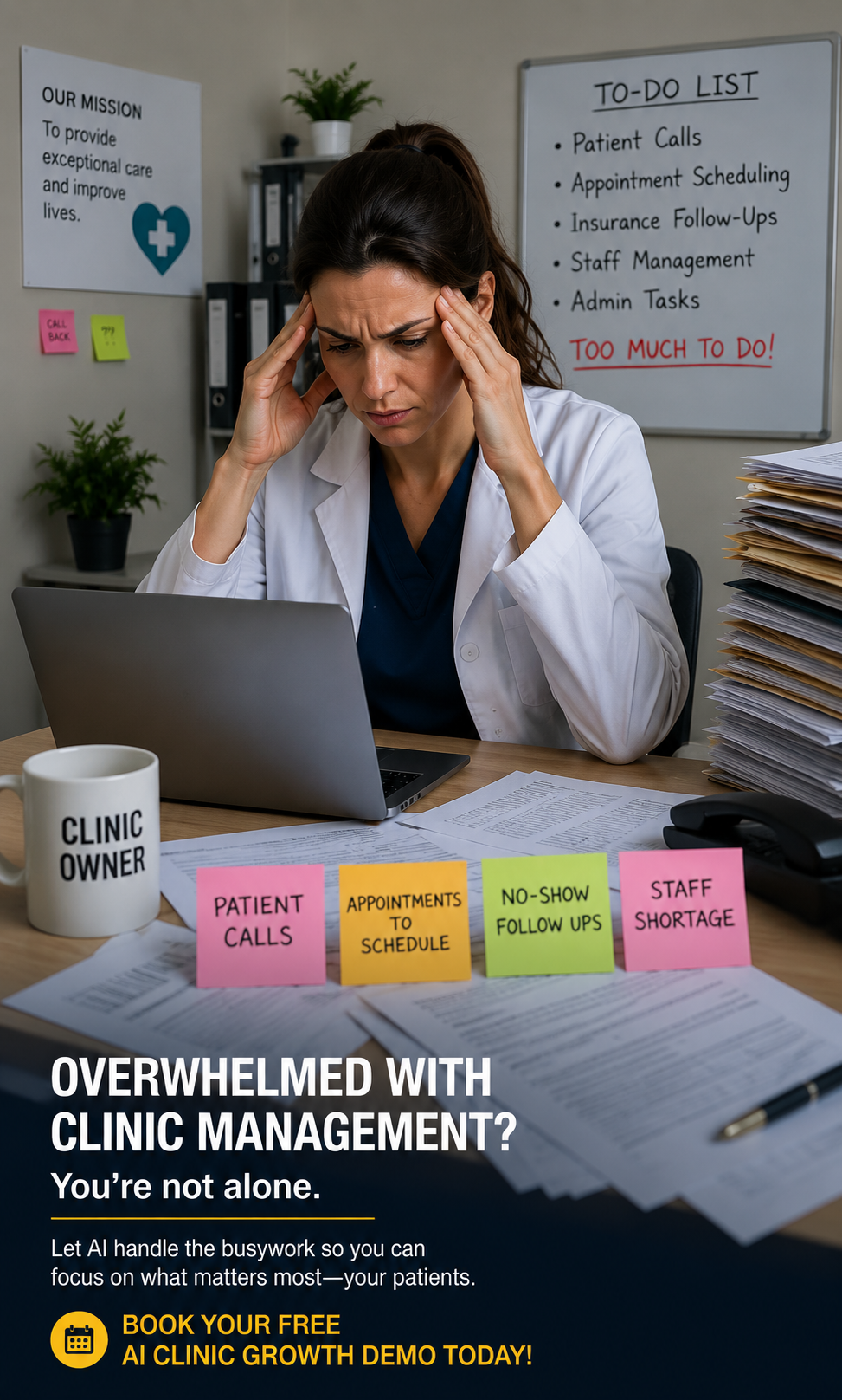 Stressed clinic owner in a busy office